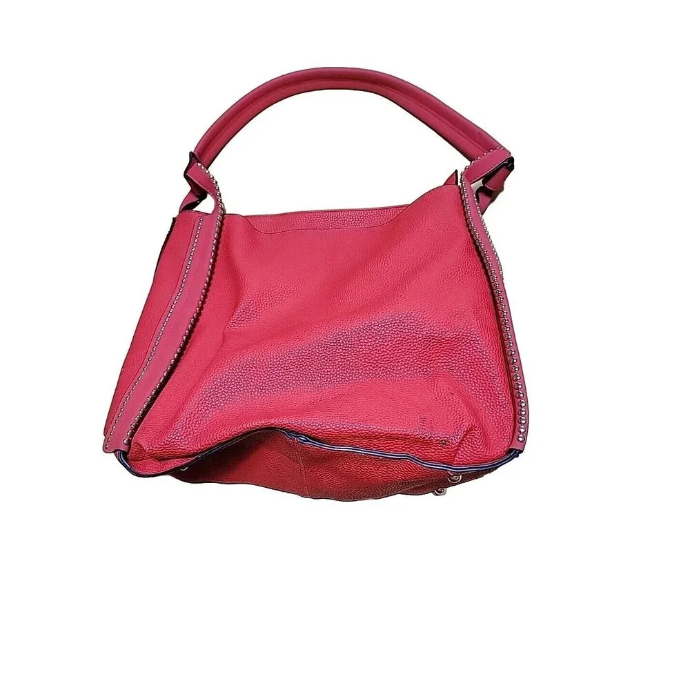 Womens Red Pebbled Faux Leather Studded Hobo Shoulder Bag Slouchy Tote